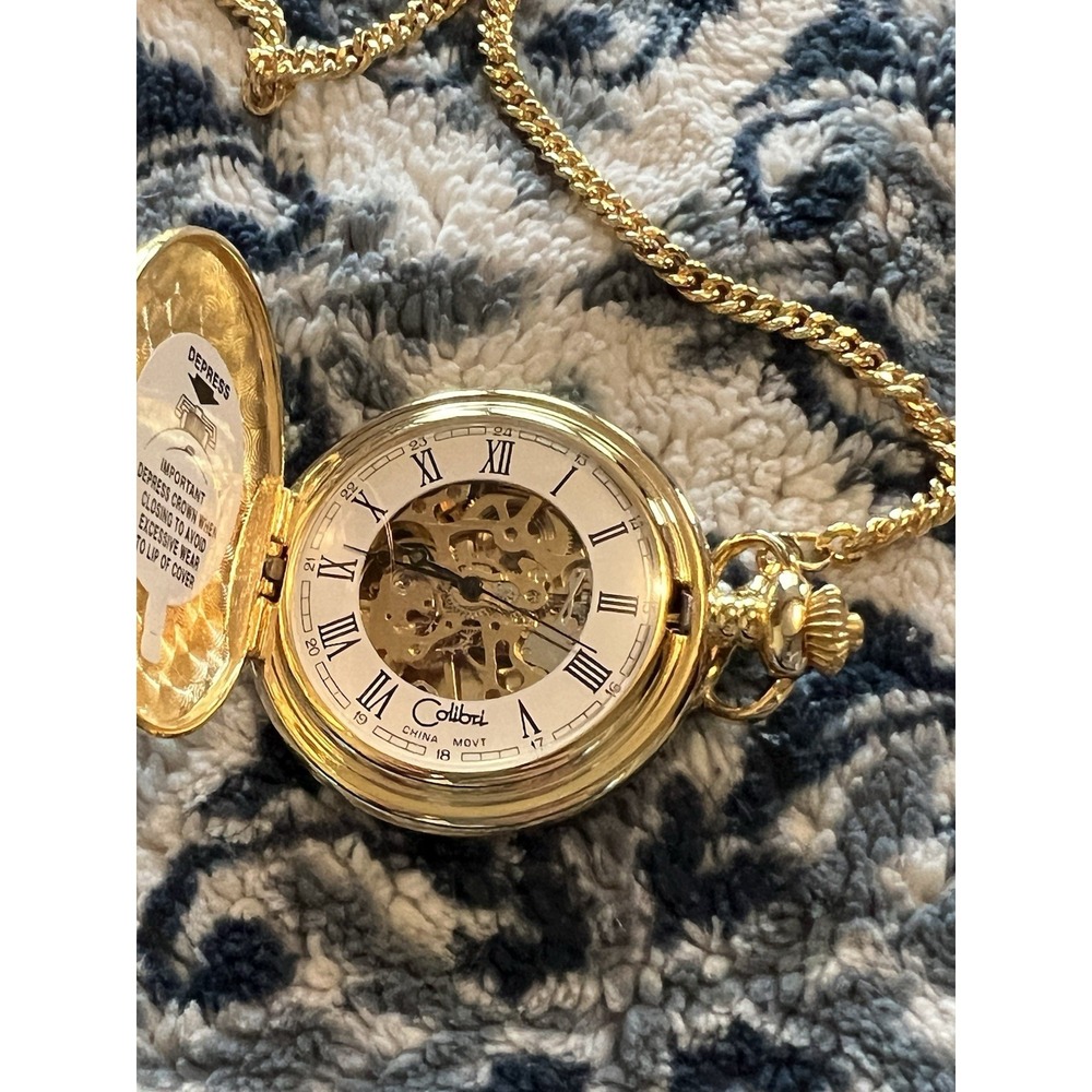 Colibri London Quartz Pocket Watch Gold Tone Roman Numerals Day Date Vtg W Box - Picture 7 of 9